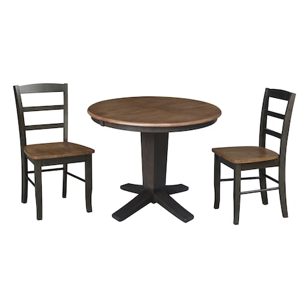 International Concepts 36 in. Solid Wood Round Extension Dining Table with 2 Chairs in Hickory/Washed Coal K45-36RXT-23B-C2-2